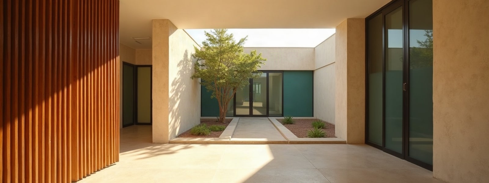 Sunlit contemporary Mexican clinic architecture and a clean, empty treatment room. Illustrative only.