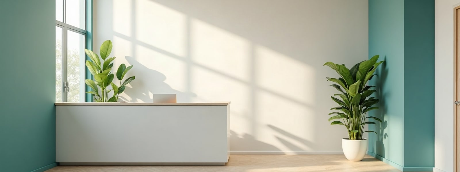 La recepción vacía de un consultorio dental pequeño y moderno, con luz de mañana.